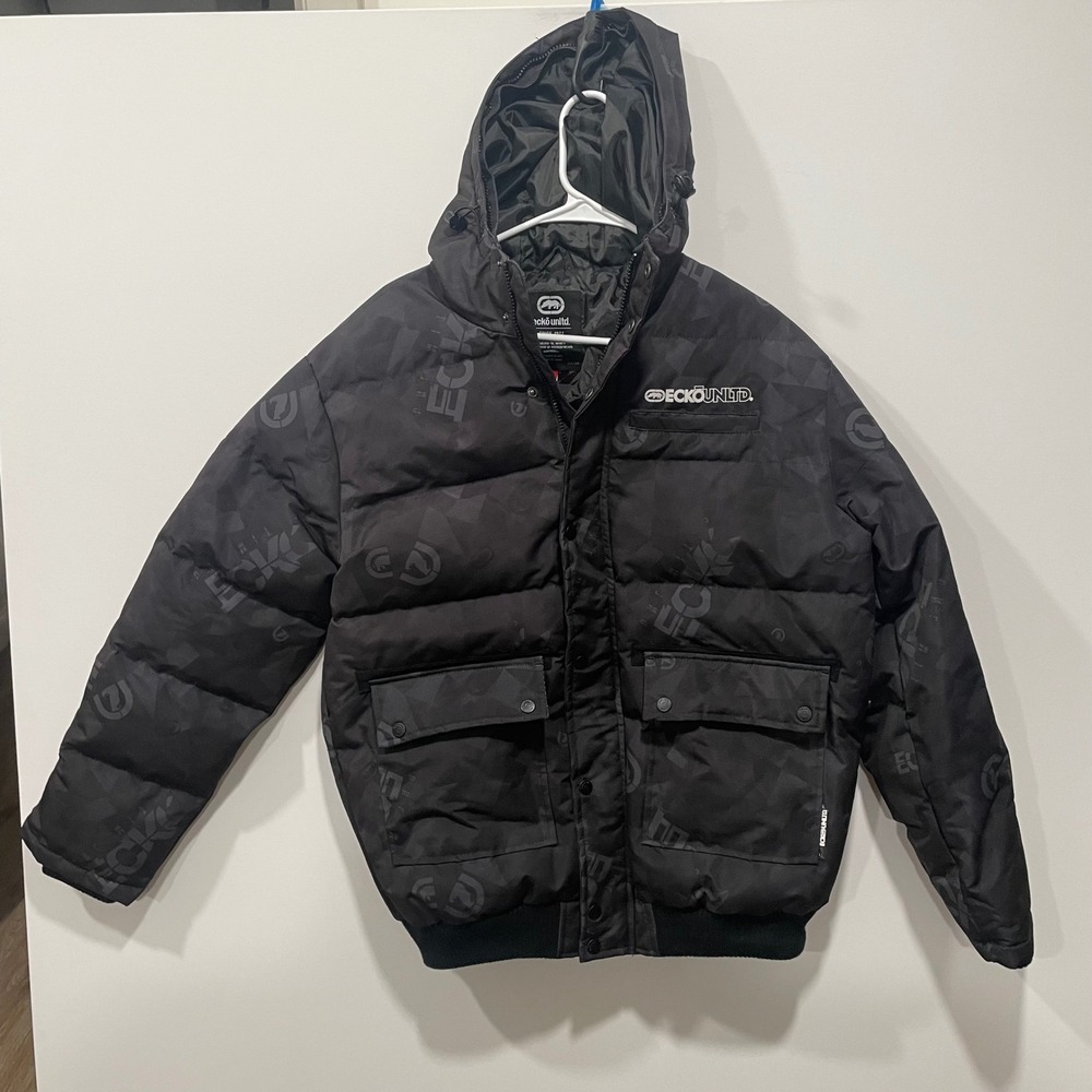 Ecko Unlimited Mens Puffer Jacket Black‎ All Over Logo Print Hooded Size M